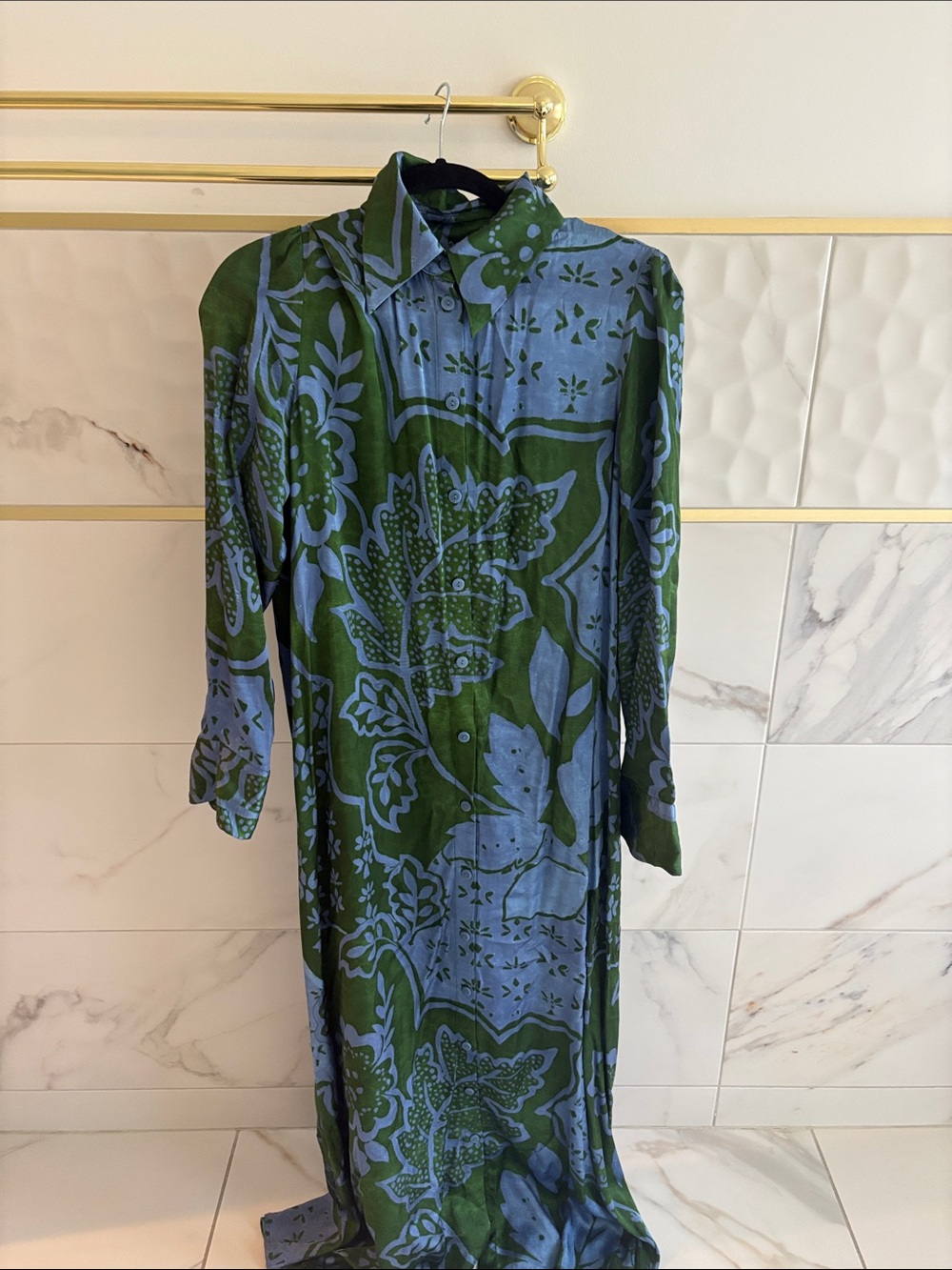 Corey Lynn Calter Blue and Green Botanical Maxi Shirt Dress